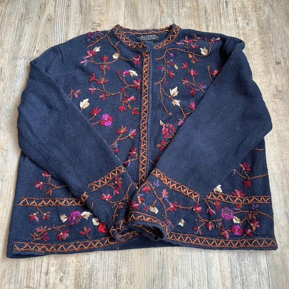 All Points Cardigan Vintage Floral Knit Women's XL Navy and Blue - Picture 1 of 8